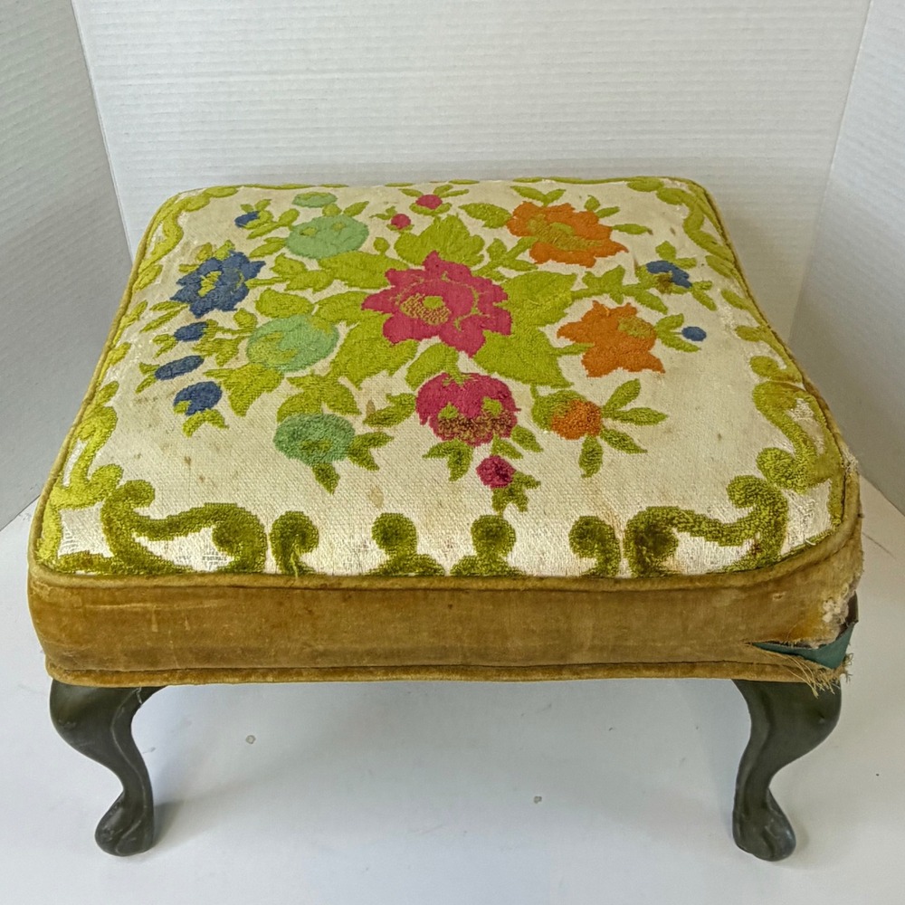 Vtg Floral Crewel Footstool Green Velvet Metal Legs 1950 Maximalist Extra Pillow